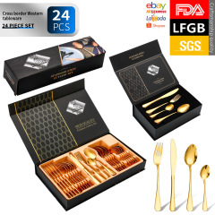 Amazon 売れ筋 1010 ステンレス鋼食器カトラリー、フォーク、スプーン 24 点セット洋食金メッキカトラリーギフトボックスセット