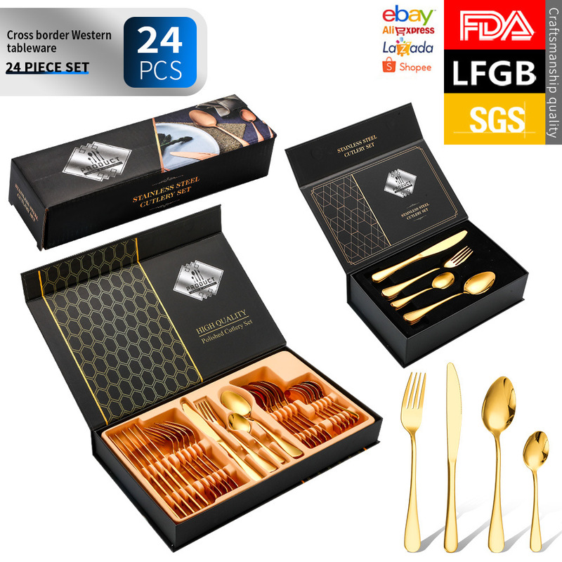 Amazon Hot Sale 1010 Stainless Steel Tableware Knife and Fork Spoon 24 Pieces suit Western Food Gold Plated Knife and Fork Gift Box suit