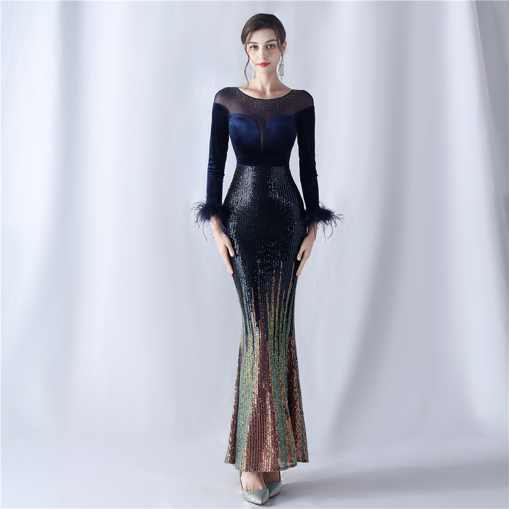 Women's gradient beaded diamond velvet high-end evening dress_voghion.com