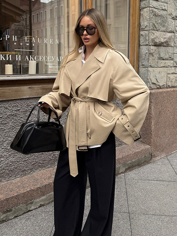 Elegant Literary Style Fashion Lapel Long-Sleeve Tie Trench Coat for Women 2025 Cross-Border European and American Style Autumn and Winter New Model