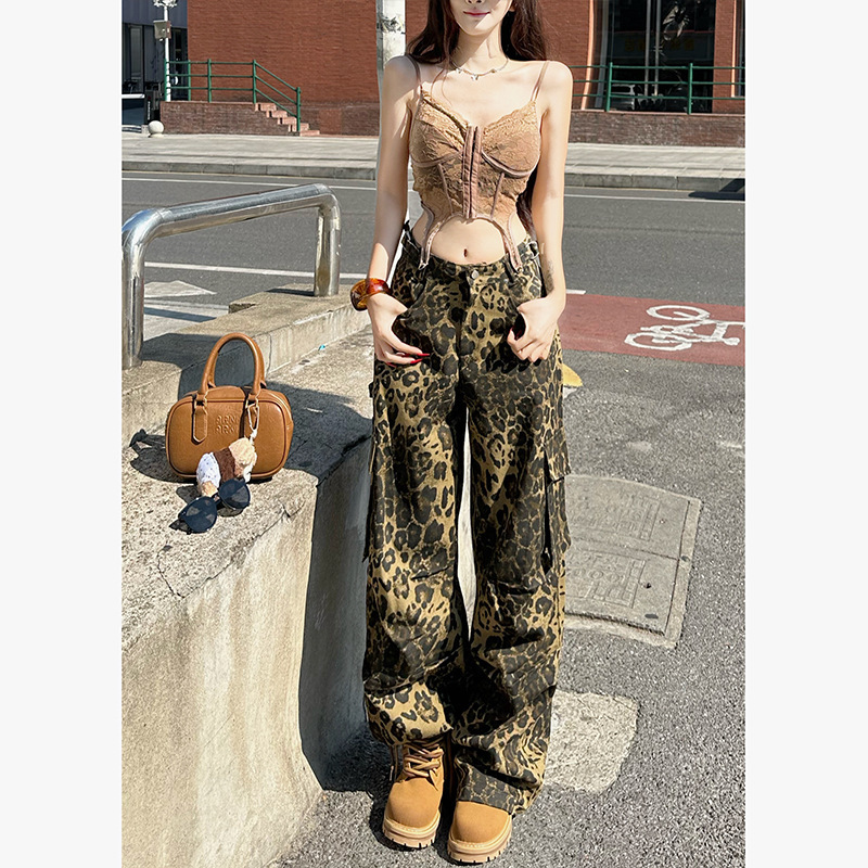 豹纹高街工装阔腿牛仔裤女2025秋季新款多口袋高腰阔腿拖地长裤|undefined