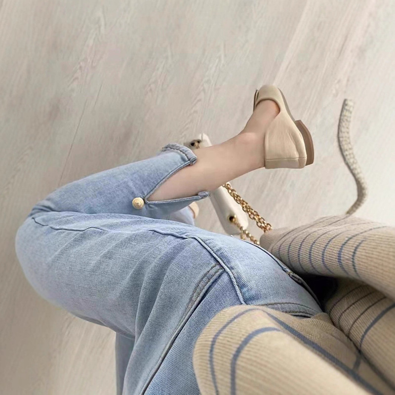 Yunshibachun New Spring and Summer Maternity Jeans with Rear Slit Fashionable Elastic Maternity Belly Support Pants 8516