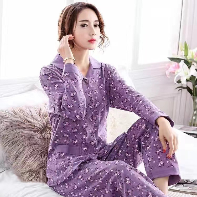 Pijama de algodón 100% de primavera y otoño de las mujeres de manga larga de mediana edad mamá cardigan más tamaño de mediana edad y ancianos traje de desgaste para el hogar