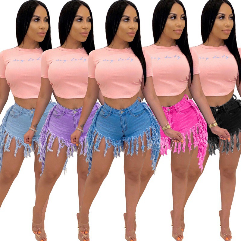 AliExpress cross-border wholesale European and American ripped tassel sanding Denim shorts women's jeans casual straight pants