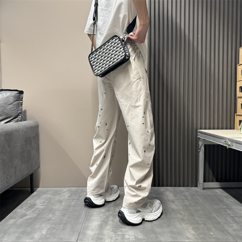 Pantalon décontracté à coupe étroite pour homme, coupe ample, coupe droite, coupe incurvée, sensation haut de gamme, effet vieilli, encre éclaboussée_voghion.com