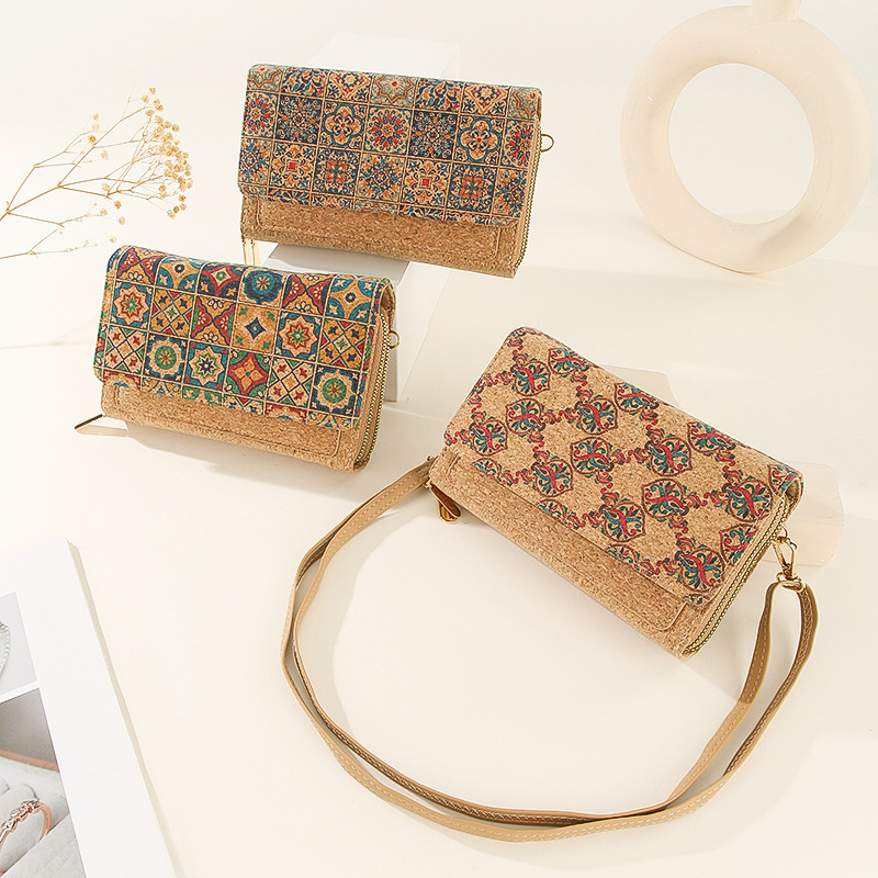 2025 New Bohemian Style Cork Handheld Crossbody Bag Mobile Phone Bag Portuguese Cork Amazon’S Hottest Handheld