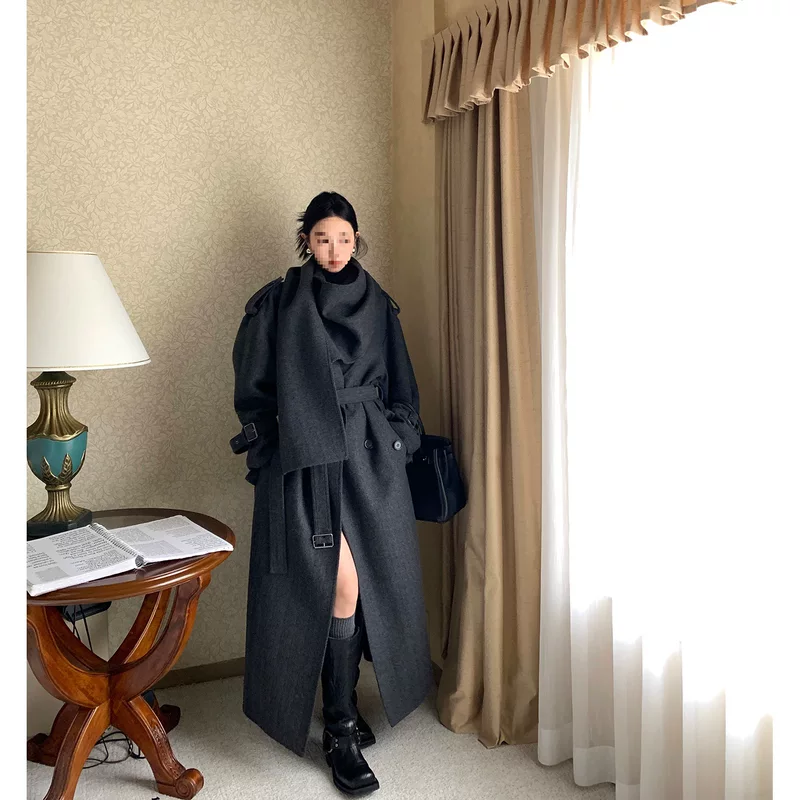 Шарф, демисезонное ретро длинное шерстяное пальто