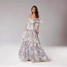 欧美2025跨境新款女装一字肩时尚欧根纱仙气长款气质泡泡袖连衣裙