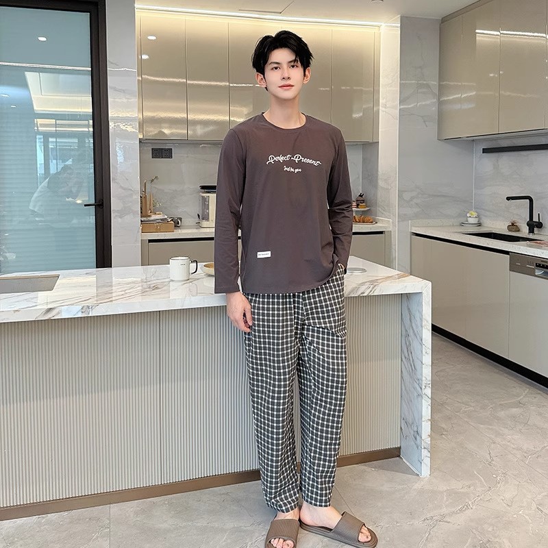 秋季新款字母印花长袖格纹裤个性简约休闲睡衣套装男士家居服可外