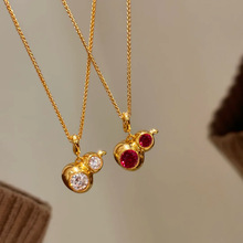 中古老钱风金色镶钻葫芦吊坠女时尚轻奢高级感镀黄金红刚玉项链
