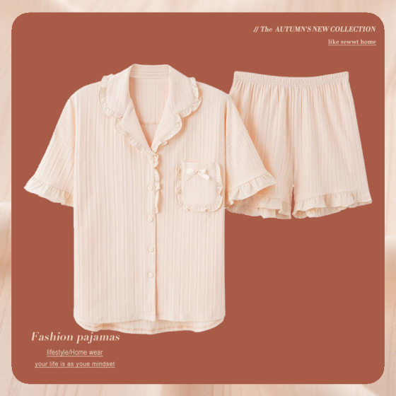 100 Cotton Pajamas Women's Summer Short-sleeved Shorts Two-piece Suit 2023 New Thin Bear Home Suit Summer