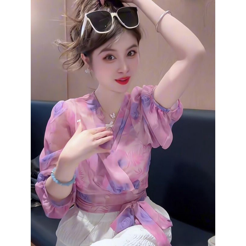 Trendy High-End Chic Shirt Summer New Fashion Advanced V-Neck Irregular Tie Thin Printed Top