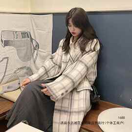韩系韩风大衣大学生气质感灰粉格子大衣小个子厚款冬季外套女