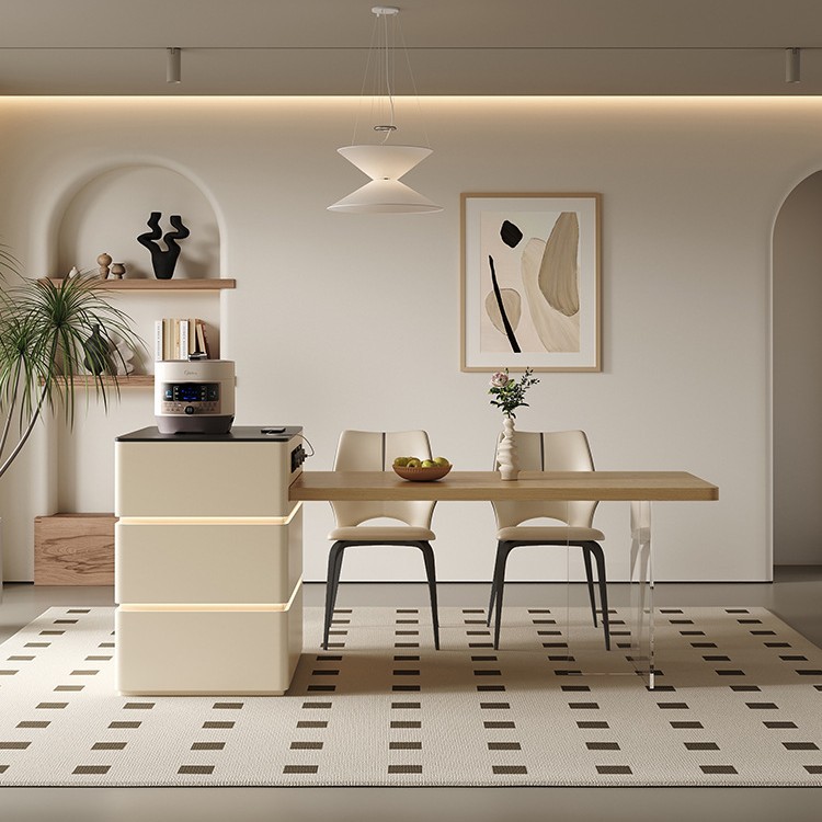 Mesa de mesa de isla de estilo crema medieval, cocina retráctil integrada, mesa de comedor y silla de tablero de roca de alta gama francesa para el hogar