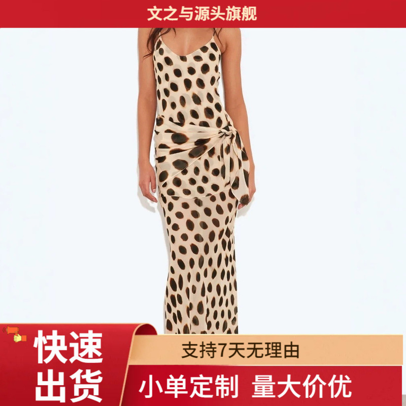 Cross-Border French Retro Polka Dot V-Neck Halter Twist-Waist Drapey Vacation Style Dress Women's Summer Long Dress