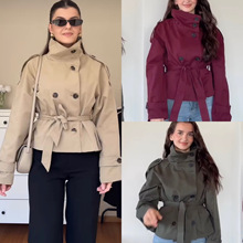 跨境欧美女装速卖通爆款时尚休闲双排扣系带风衣短外套