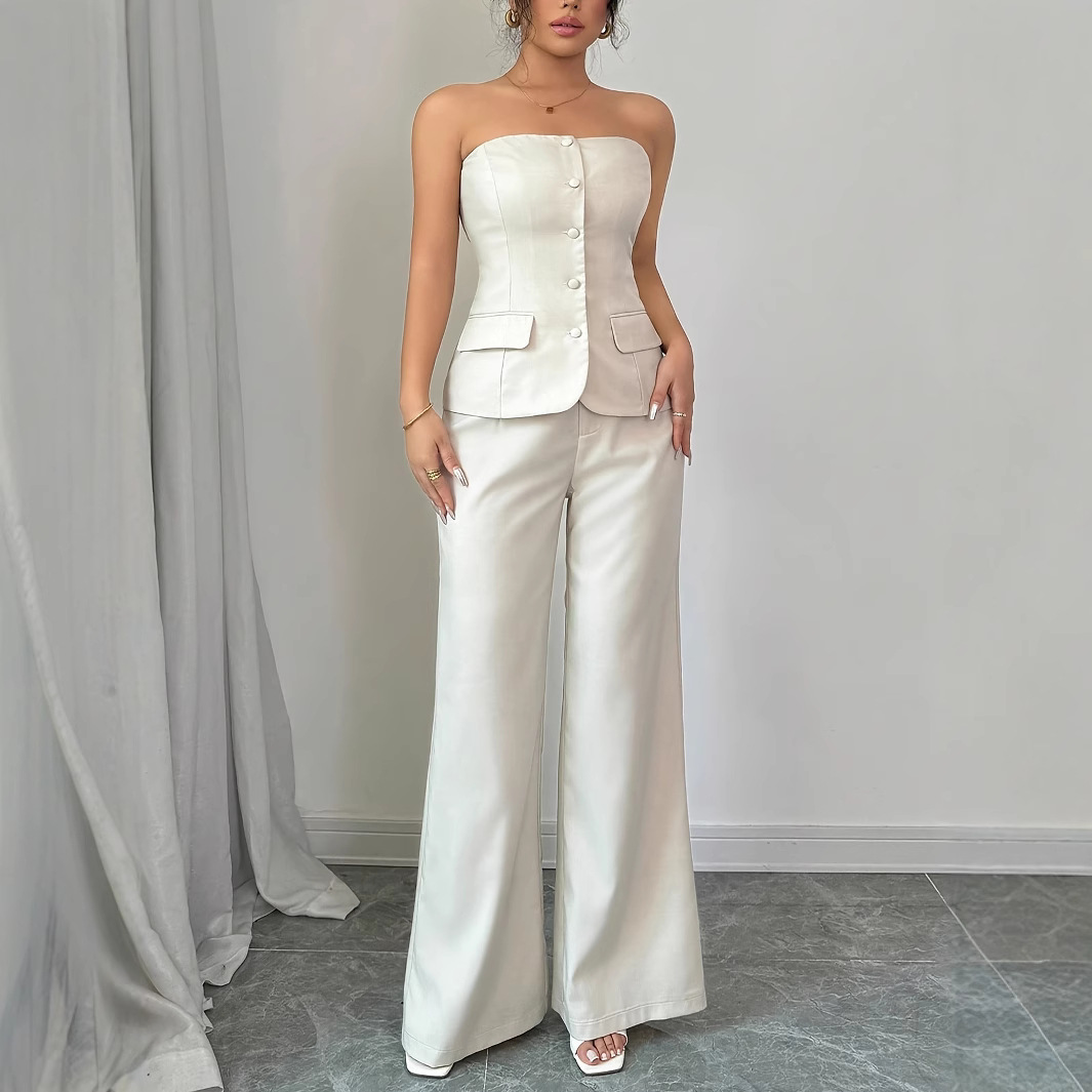 Lässiges Westen-Hosen-Set für Damen – Sommer-Basic mit geradem Bein und drapierter Passform – Atmungsaktives Polyester – Streetwear-Essentials (XS-XL, Weiß)_voghion.com