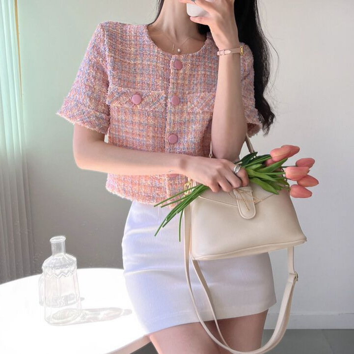 Korean Chic French Gentle Fragrance Elegant Single-Breasted Round Neck Jacket Short-Sleeved Tweed Jacket 2 Colors