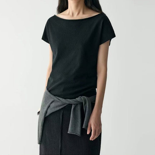 Tencel Linen Summer New Small Flying Sleeve Knitted Pullover Pure Color Simple Stylish One-Line Collar Slimming Look Top for Women