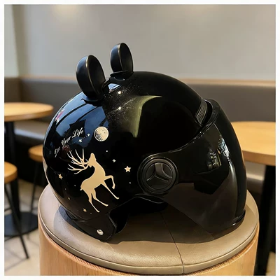 Battery-Powered, Sun Protection, Breathable, Motosiklet kaskı (dəbilqə) - one-size-fits-all-unisex-a8-black-brown-long-mirror-yulu-ping-an-black-bear-ears