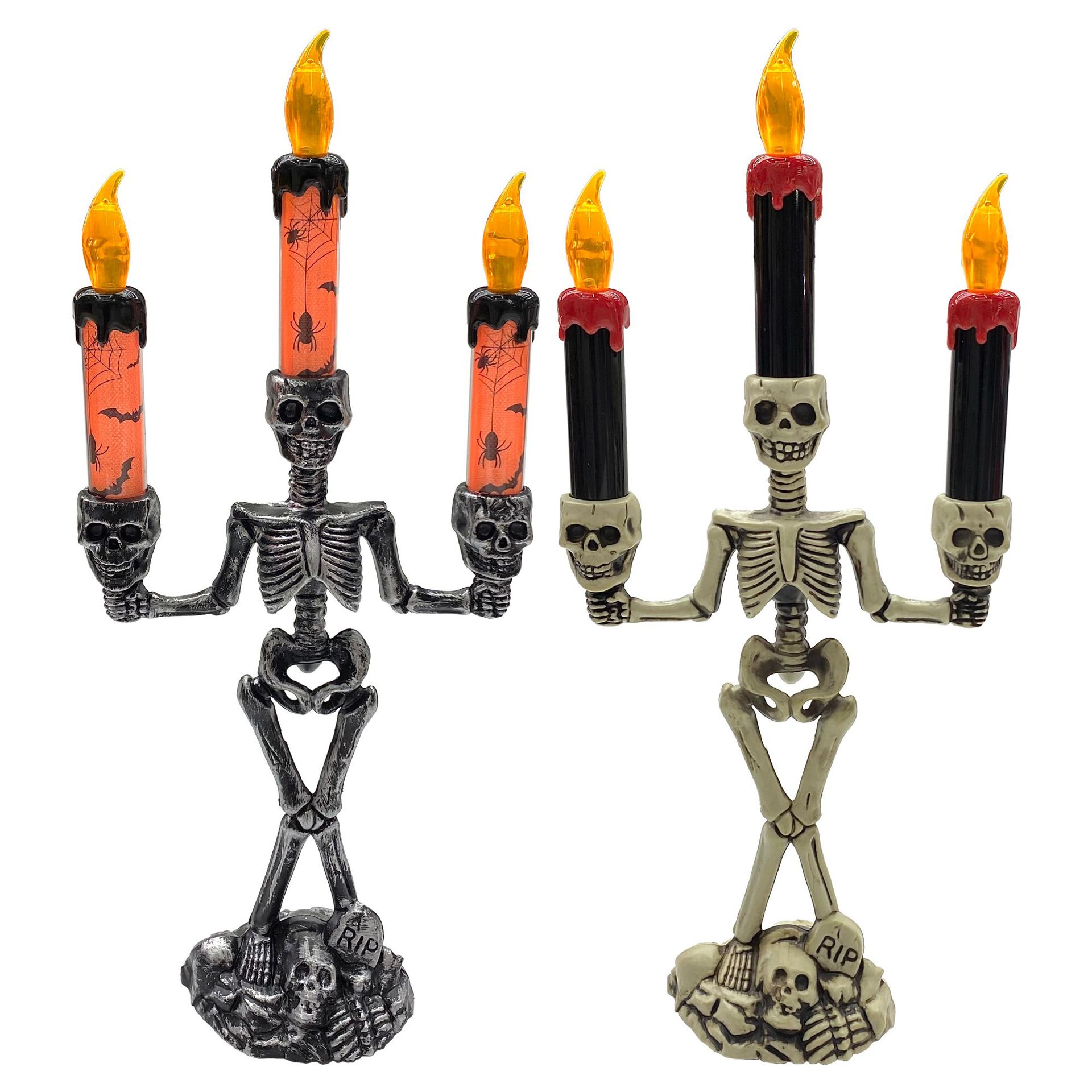 万圣节骨架烛台灯鬼节恐怖装饰道具南瓜灯骷髅摆件LED电子蜡烛灯