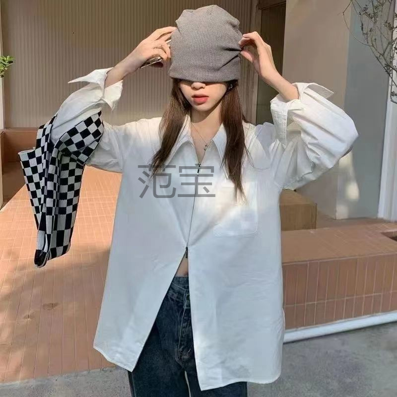 FB 소금 지퍼 화이트 셔츠 여성 학생 내부 착용 외부 착용 디자인 감각 작은 큰 포인트 칼라 셔츠 내부 착용 탑