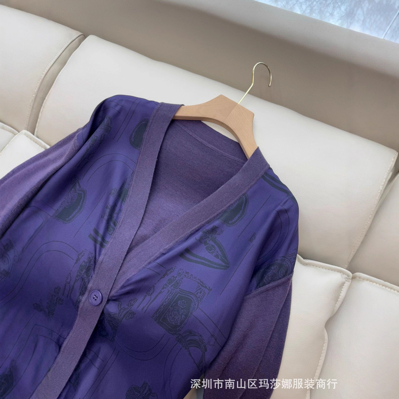 法式南油2025秋季新款V领单扣真丝印花拼接宽松百搭针织羊毛开衫|undefined