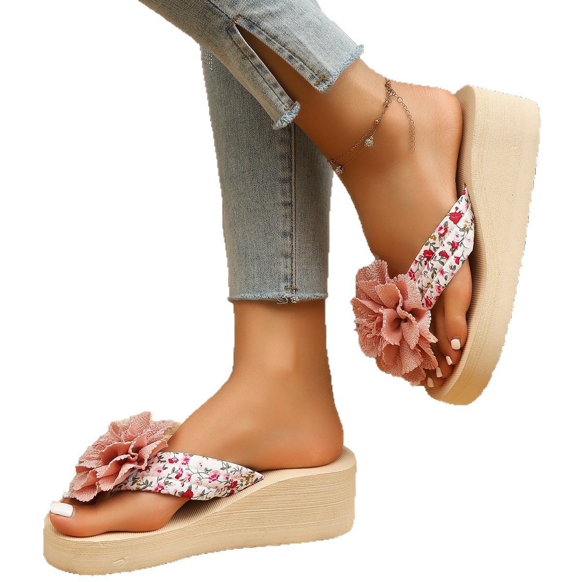European And American Style Floral Flip-flops For Women, Thick-soled Flat-heeled 2026 Casual Vacation Beach Women's_vogvips.com
