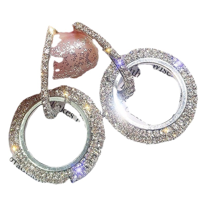 Pendientes largos de círculo con strass - Pendientes colgantes de personalidad estilo coreano - Pendientes exagerados europeos/americanos para mujer