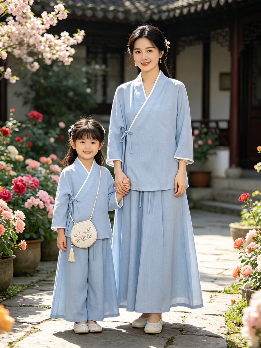 Váy mẹ con Hán phục cải tiến tay lỡ mùa hè chất liệu lanh pha sợi Lyocell phong cách Tân Trung Quốc — Màu hồng - Váy