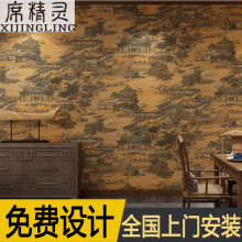 2025清明上河图墙纸茶室古典新中式风格山水画餐厅餐馆饭店壁纸