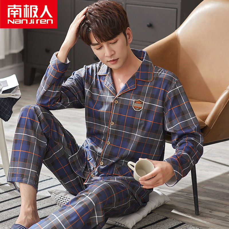 Pijamas de los hombres de manga larga de primavera y otoño 100% algodón de la Juventud de mediana edad más el tamaño de ocio ropa de casa traje