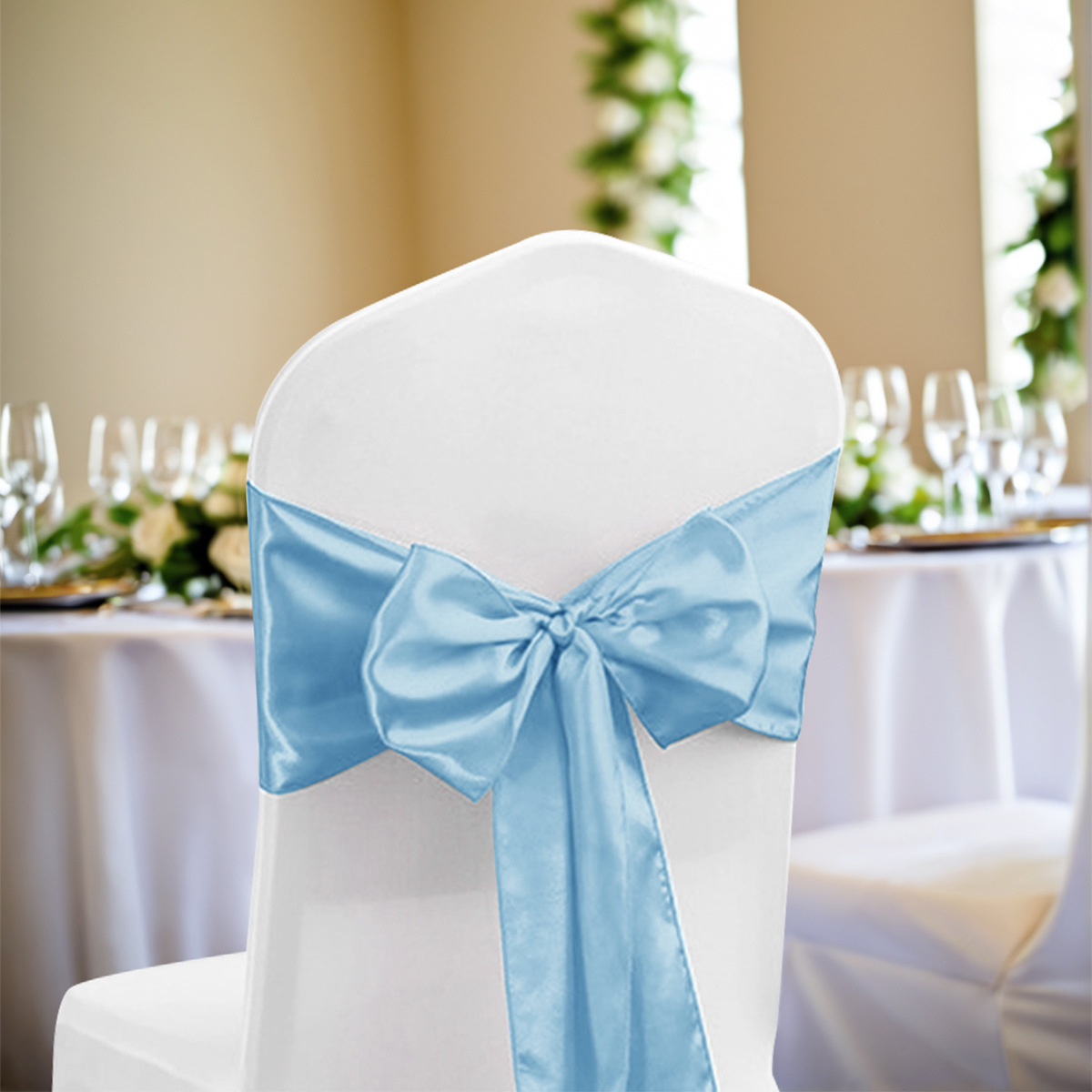 Accesorios de lazo de flor de respaldo de silla de satén de cinco bellezas transfronterizas Suministros generales de decoración de boda Funda de silla elástica Decoración de lazo