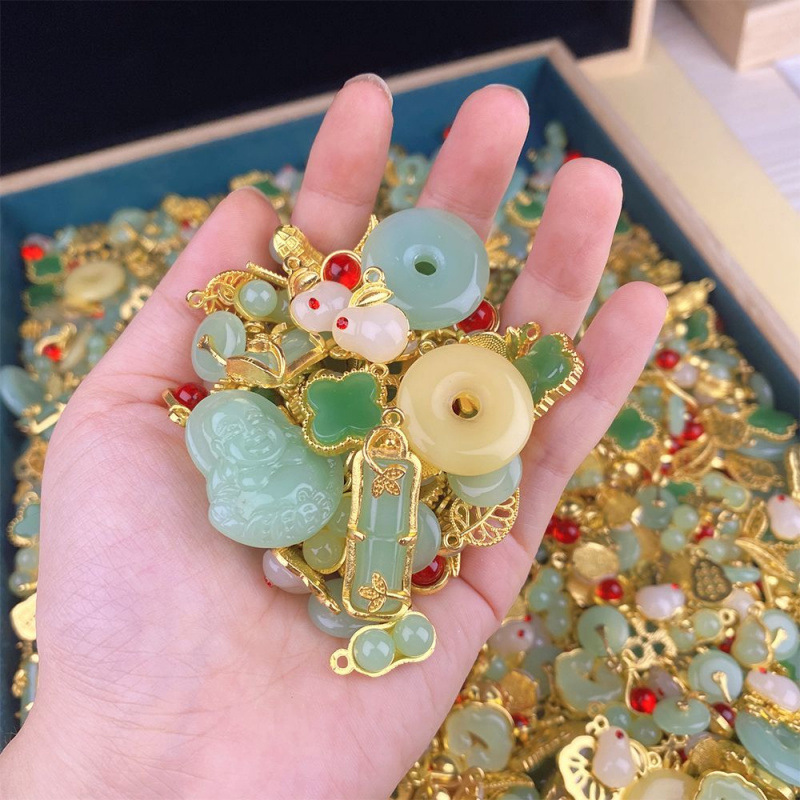 14K Gold-Filled Stone Rabbit Pendant Safety Buckle Double Pendant Handmade DIY Necklace Pendant Earrings Accessory