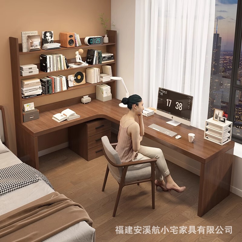 All Solid Wood Corner Desk Bookcase Integrated Home Office Bedroom L-shaped Corner Desktop Computer Desk Bookshelf Combination