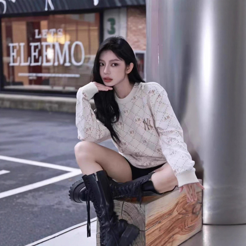 Mlb Sweatshirt Autumn and Winter New High-End Version Diamond All-Over Print Vintage Men's and Women's Loose Retro Knitted Crew Neck Sweatshirt