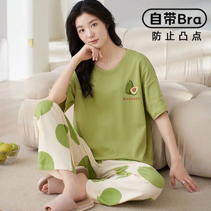 Pajamas Women's 2024 Summer New Short-sleeved Pants with Chest Pad Wear-free Bra Women's Outwear Home Clothes suit