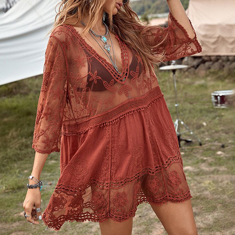 2023 camisa de protección solar transfronteriza de verano para mujer sexy encaje suelto playa vacaciones falda bikini blusa (7 colores)