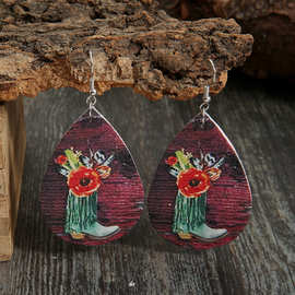 欧美跨境新款水滴皮革耳环复古靴子高跟鞋花卉图案pu耳钉女批发