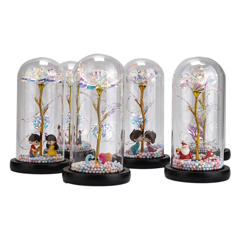 Cruz-frontera eterna flor Rosa cubierta de vidrio color oro flor música con luces regalo del Día de San Valentín Navidad escritorio pequeños adornos