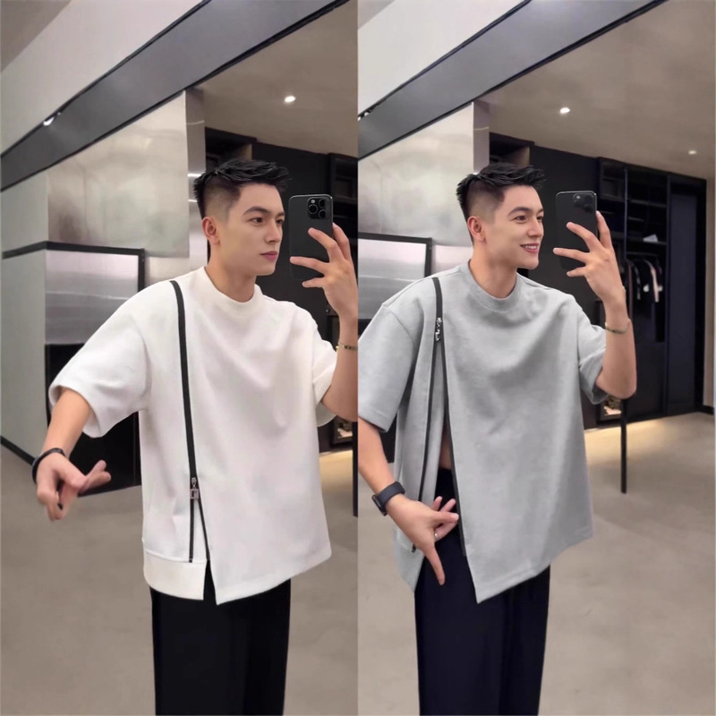 2025 Summer Designer Zipper Round Neck Short-Sleeved Men's Simple High-End Fashion Loose Versatile Casual T-Shirt
