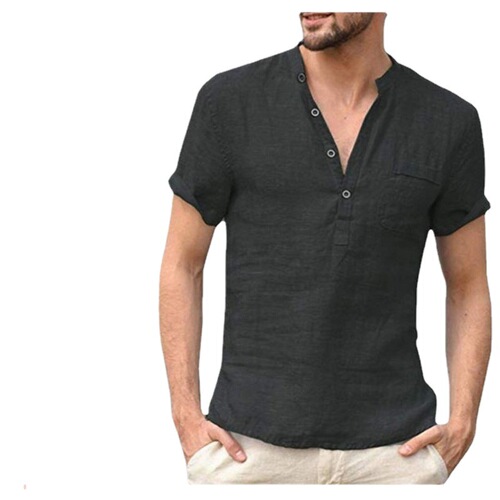 Men's Plain Color Stand Collar Half-Open Thin Short-Sleeve Shirt - Popular in Europe and America, Exports, Casual Men's Clothing