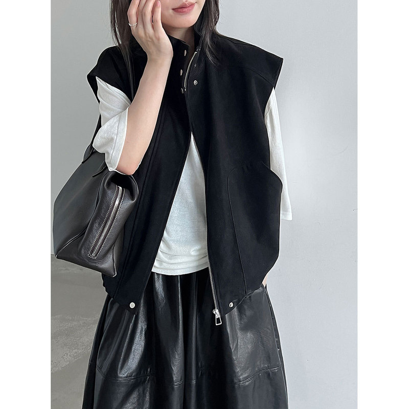 Luxi Niche Stand Collar Workwear Layered PU Vest for Women, 26th Autumn New Commuting Loose Sleeveless Jacket 89060