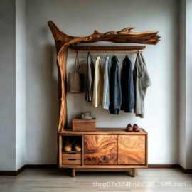 侘寂风老榆木衣帽架入户玄关挂衣架服装店做旧衣帽收纳展示架衣柜
