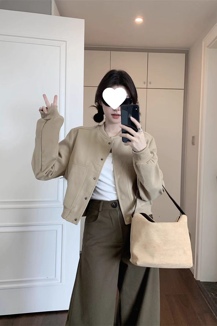 卡其色毛呢棒球服短外套女春季2025新款小个子短款感气质夹克跨境
