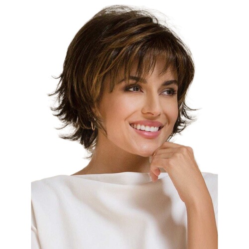 short straight hair for women fluffy short bangs, deep brown women's wigs, outward curled short curly hair, one piece of hair