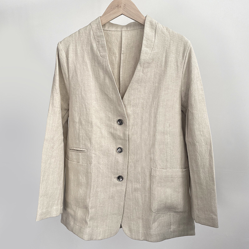 Original Color Normcore Style New Linen Texture Arc-Shaped V Neck Linen Suit Jacket for Women