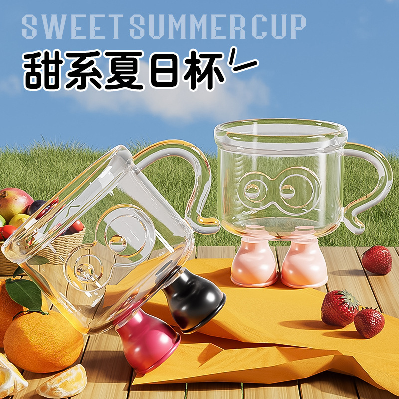 ハンドル付きの見栄えの良い夏用ガラス製ビッグフットコーヒーカップ、ドリンクジュースカップ、高級飲料水デザートカップ|undefined