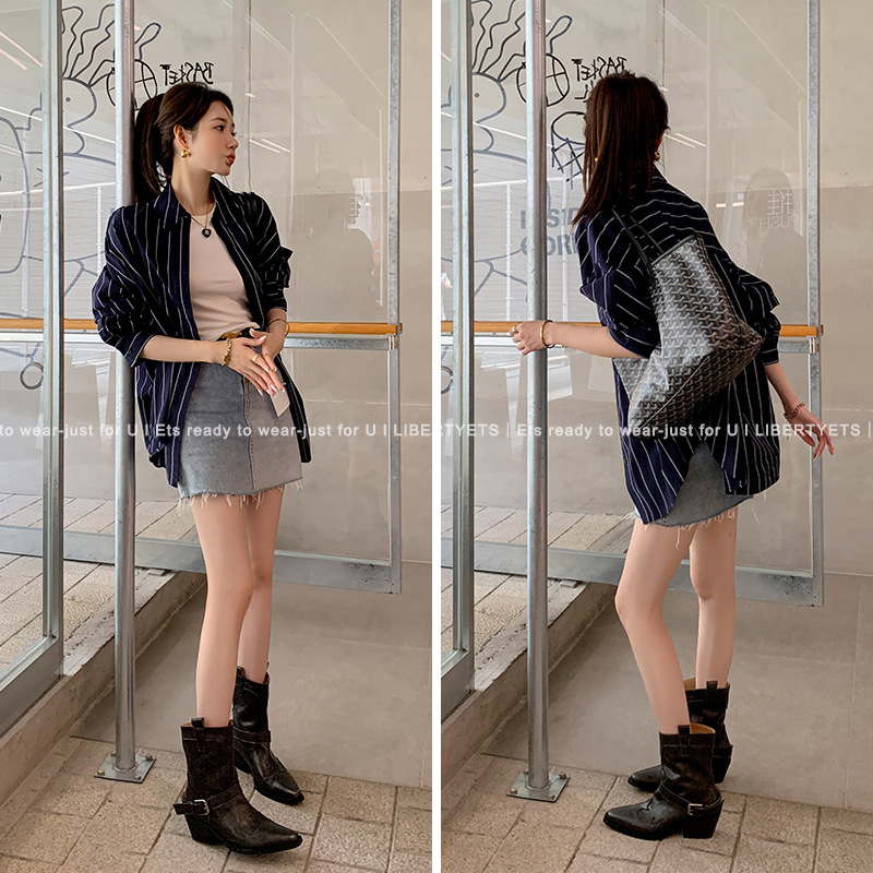 Boot nữ cao gót mũi nhọn chữ V kiểu cowboy gót thô khóa thắt lưng — Màu nâu [lót nhung] chi tiết 8