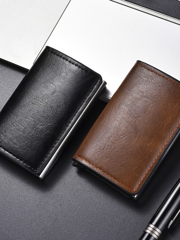Nuevo paquete de tarjetas de metal de textura de cuero para hombres cepillo anti-robo anti-magnético de negocios multi-tarjeta auto pop-up cubierta de tarjeta